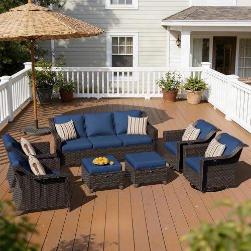 Image of 7 Piece Patio Furniture Set, Wicker Outdoor Conversation Set | Patio Chair Set with Olefin Removable Cushion, All-Weather Outdoor Couch with Deep Seat for Porch, Deck and Backyard, Blue