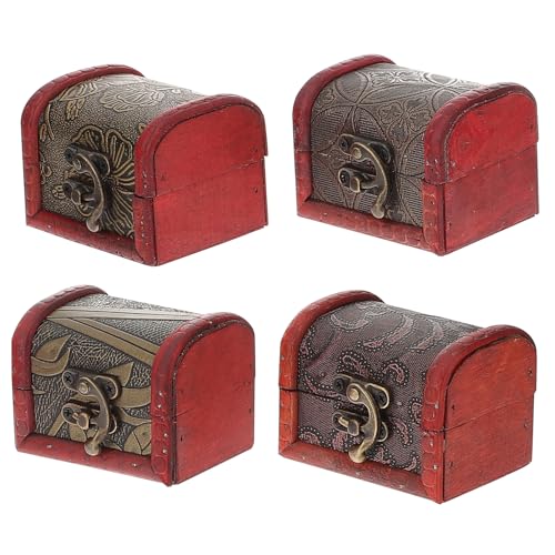 Toyvian 4個 ヴィンテージ木製トレジャーチェスト 鍵付き小型ジュエリー収納ボックス アンティーク調装飾宝箱 指輪イヤリング用収納ケース