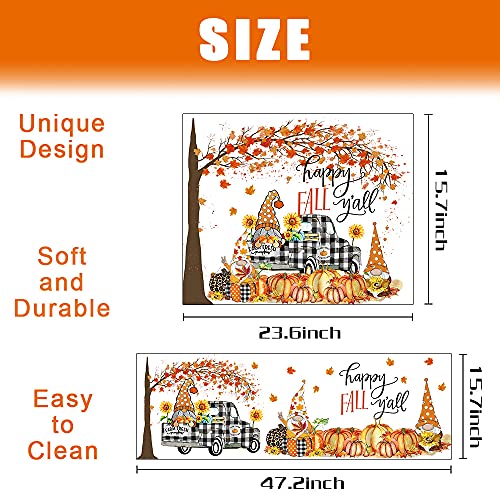 Delaimastor Fall Gnome Pumpkin Decorative Kitchen Mats Set Of 2, Fall Halloween Thanksgiving Rustic Yard Low-Profile Floor Mat For Kitchen, Gnome Plaid Maple Leaves Seasonal Decorative Floor Mat #TOP1