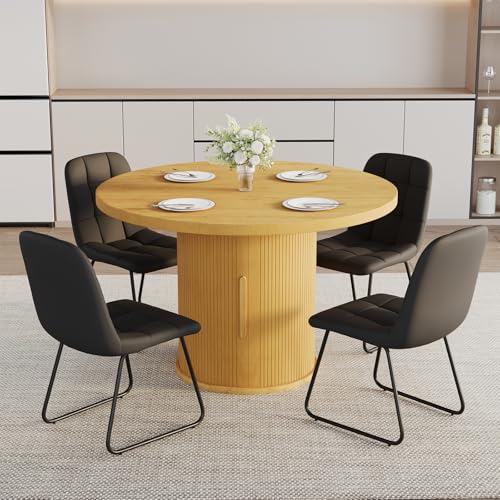 Image of 5-Piece Dining Set for Small Spaces 43.3 inch Round Table & 4 PU Leather Chairs, Modern Farmhouse with Storage Shelf, Apartment Kitchen Easy Assembly (Walnut Color Round Table + 4 U-Shaped Black Chairs)