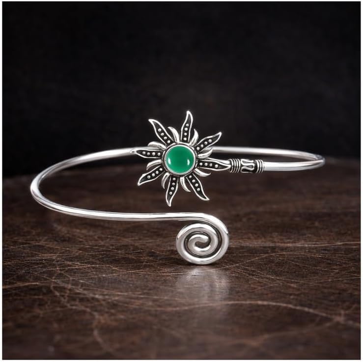 Silver Sunburst Arm Cuff, Green Onyx Stone Boho Upper Arm Bracelet, Spiral Arm Cuff, Gemstone Armlet, Sun Bohemian Jewelry Gift