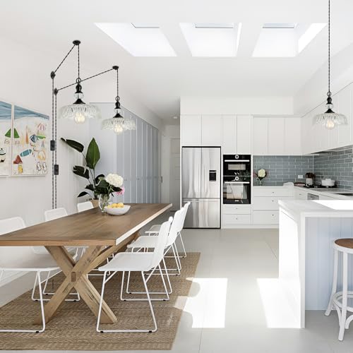 Image of CVKASH Plug in Glass Pendant Light Fixture Black Vintage Adjustable Chandelier Hanging Ceiling Light for Farmhouse Hallway Bedroom Foyer Kitcken Dining Room Island.
