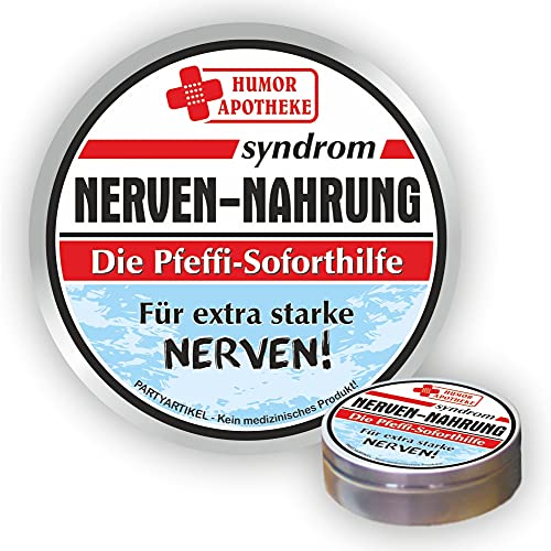 Pfefferminz Bonbon Metalldose - Nervennahrung Für extra starke Nerven - Soforthilfe | Humorapotheke Spaßmedizin Humormedizin | Pfefferminzdragees | Dose Blechdose Pillendose