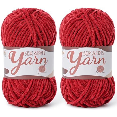 Image of 2 Pack Fluffy Velvet Yarn for Crocheting,Baby Blanket Yarn for Crocheting Soft,100g(131yds) Amigurumi Yarns,Plush Chenille Crochet Yarns,Puzzle Yarn for Crochet Weaving Craft(2 Burgundy)