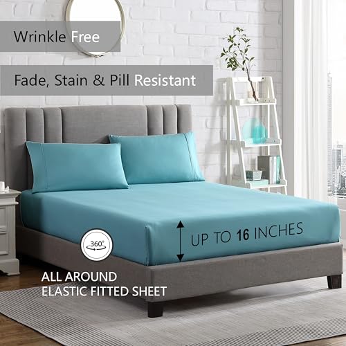 American Home Collection 4 Piece Full Size Bedding Sheets and Pillowcases Set - Ultra Soft Microfiber - Breathable, Wrinkle Free, Easy Care, Durable, Oeko-Tex Certified Sheet Set (Full, Aqua)