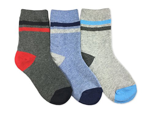 Jefferies Socks Boys Classic Stripe Grey/Blue Fashion Cotton Dress Crew Socks 3 Pair Pack