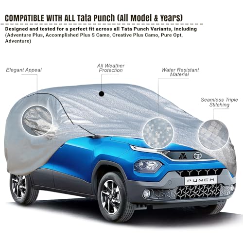Image of Pivalo Car Cover for Tata Punch All Model & Years (2021-2025) 100% Waterproof with Mirror Pockets, Triple Stitched Bottom Elastic Dustproof Full Body Protection (Heat & UV Resistant, Silver)