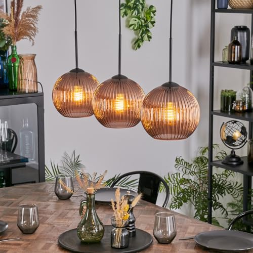 HOFSTEIN Koyoto Suspension à 3 ampoules en métal/verre ondulé noir et cuivre, suspension moderne au design rétro/vintage (abat-jour Ø 20 cm), E27, salle à manger,...
