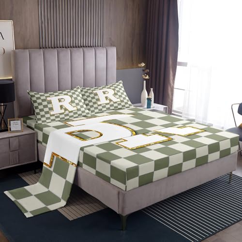 Image of Erosebridal Sage Green Checkered Bedding Set King Plaid Initial R Bed Sheets Personalized Monogram Sheet Set Kids Boys Girls,Fashion Grids Gingham Fitted Top Sheets 4 Piece