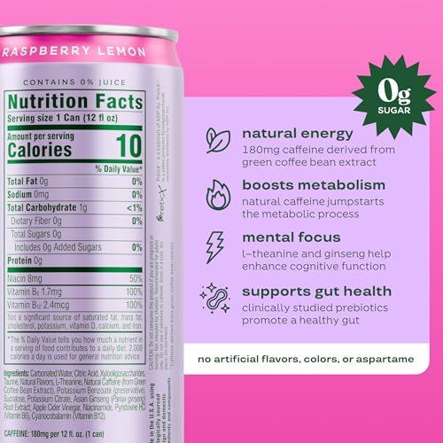 Bloom Nutrition Sparkling Energy Drink for Focus, Natural Caffeine, Zero Sugar, 180mg Caffeine, Antioxidant-Rich with Green Coffee Bean, Green Tea Extract, & Prebiotics, Raspberry Lemon 12oz 12 Pack - Image 5