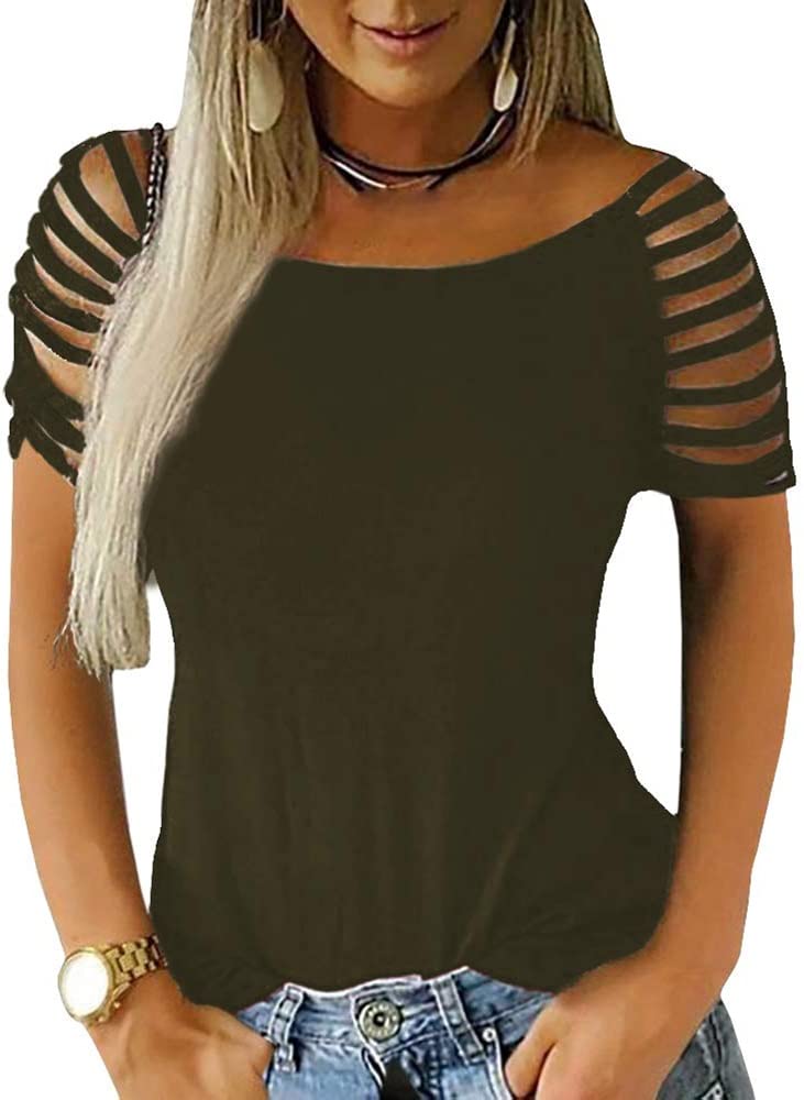 Cicy Bell Women's Long Sleeve Cold Shoulder Tops Plain Hollow Out Boat Neck Casual Blouses Shirts