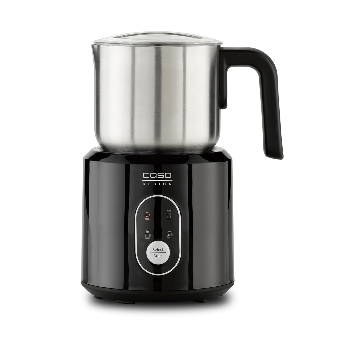 CASO Crema & Choco Black, Montalatte per latte vaccino e latte vegetale, Schiuma di latte fredda, Contenitore in acciaio inox di alta qualità con manico isolante termico