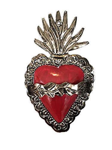 Colors of Mexico Tin Heart with Wavy Flames and Thorns Milagro Ex Voto. Beautiful Embossed. Valentine's Day