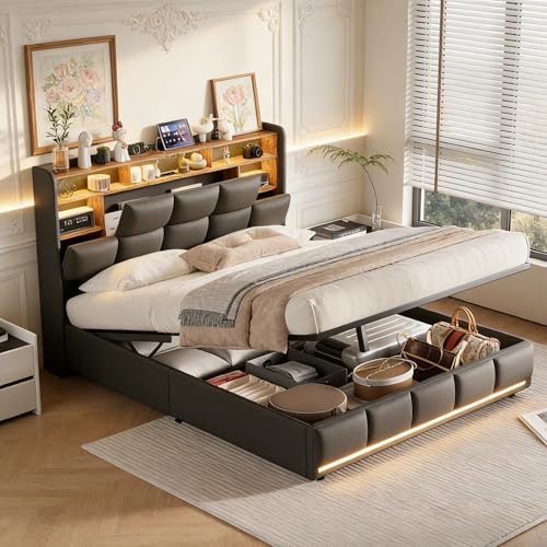Cama de 140 x 190 cm, cama doble acolchada con espacio de almacenamiento hidráulico y somier de láminas, marco de cama con LED y USB Cama con somier para adultos adolescentes, sin colchón (PU negro)