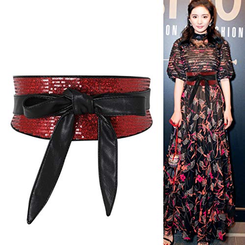 shengweiao Women's Sequin Faux Leather Self Tie Wrap Obi Waist Belt (Red)3