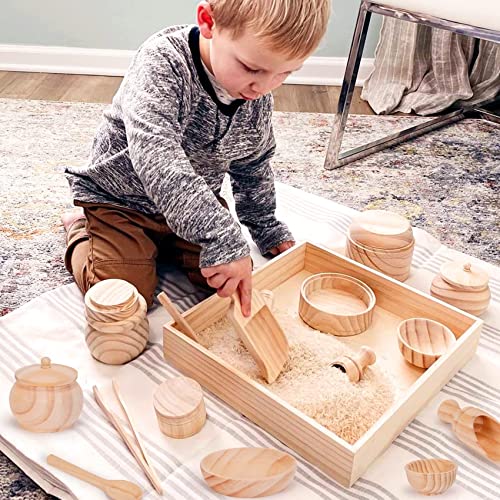 Crisschirs Sensory Bin Tools With Wooden Box, Montessori Toys For Toddlers, Sensory Toys, Set Of 12 Wooden Scoops And Wooden Tongs For Transfer Work And Fine Motor Learning, Motor Skills Development #TOP2