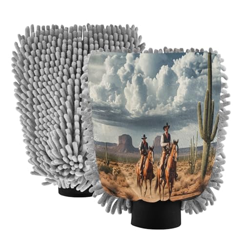 Kigai Western Cowboy Crossing The Desert Car Wash Mitt Microfiber, 2Pcs Scratch Free Lint-Free, Premium Chenille Microfiber Mitt Car Wash Brush-L