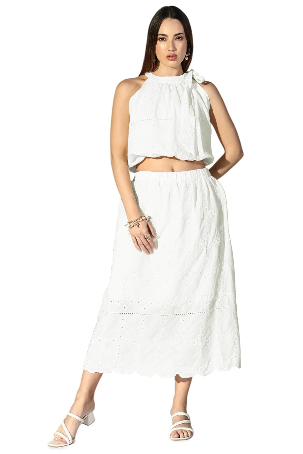 showoffff Edition Women's Schiflli White NecK Tie Crop Top with Skirt Co-Ords Set-CHN-1028_White-P-picture-36