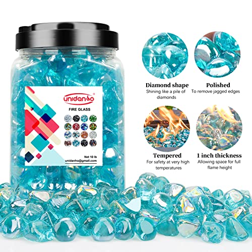 Unidanho 10 Pound Fire Glass Diamonds, 1 Inch Clear Fire Pit Glass Rocks For Fire Pit Fireplace, Propane Fire Pit, Decorative Glass Rocks, High Luster Blue Fire Glass Diamonds #TOP2