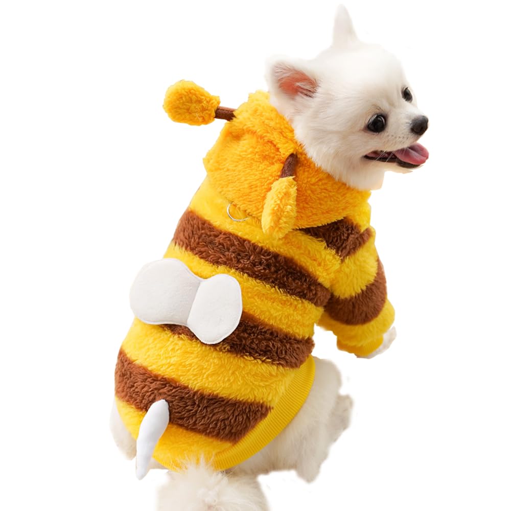 JAAQUCD Dog Bee Costume Funny Pet Hoodies for Small Dogs Fleece Puppy Sweatshirt with D-Ring Winter Chihuahua Clothes Warm Cold Weather Coat Cute