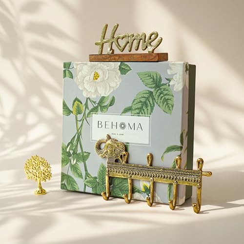 Image of BEHOMA Home Blessings Gift Set of 3 | Elephant Key Holder, Gold Home Word Sign & Brass Kalpavriksha Tree | Entryway Key Stand, Living Room Table Decor | Vastu Gift Set for Home