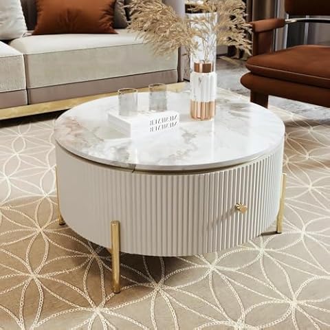 LEADTIMES Coffee Table Mordern White Round Coffee Table for Living Room Modern Drum Coffee Table with 2 Large Drawers Storage Accent Round Table(31.5''White) Cover