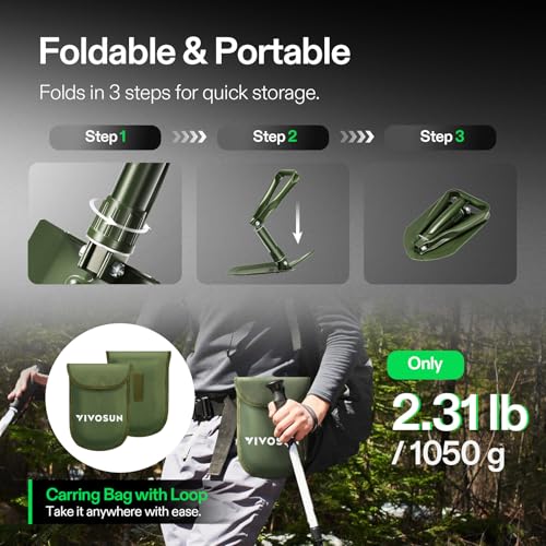 Image of VIVOSUN Folding Survival Shovel, 22'' Camping Shovel, Military Portable Small Shovel with High Carbon Steel, Tactical Entrenching Tool for Hiking, Digging, Backpacking, Gardening, Off Road, Beach