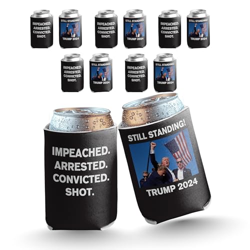 Trump 2024 Can Coolers – Set of 6 Patriotic Beverage Sleeves – Fits 12 oz Cans & 12–16 oz Bottles – Foam Insulated Coolies with Trump Fist Photo – Printed in USA by VictoryStore