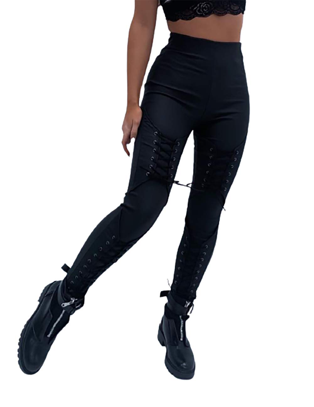 Boutiquefeel Women Skinny Pants High Waist Eyelet Lace-up Slim Long Pants Ladies Sexy Casual Trousers