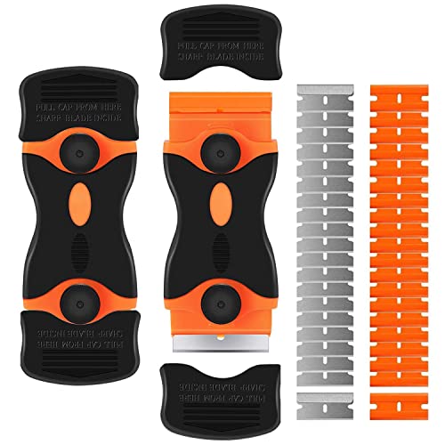 2PCS Double-Edged Razor Blade Scraper,Paint Plastic Window Scraper Tool,Multi-Purpose Cleaning Razor Glass Scraper for Labels, Caulk,Stickers, Paint Removal(20Pcs Plastic Blades &20Pcs Metal Blades)