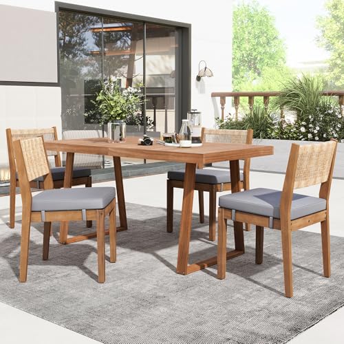 MOBETTRES Juego de mesa de comedor exterior de 5 piezas para 4 personas, respaldo de ratán sintético, mesa y sillas de madera de acacia, adecuado para grupos de comedor en el patio trasero (madera +