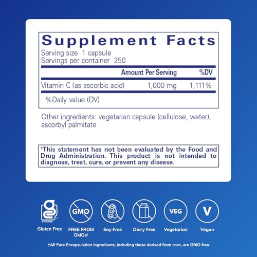 Pure Encapsulations Ascorbic Acid Capsules - 1,000 mg Vitamin C - Antioxidant & Immune Support* - High-Potency Vitamin C - Vegan & Non-GMO - 250 Capsules - Image 3