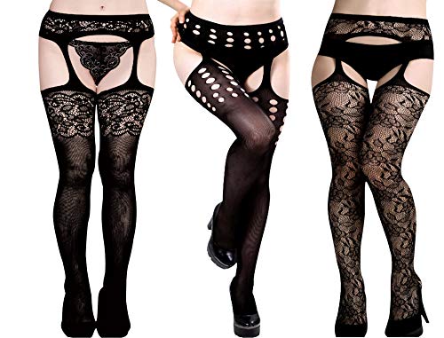 HONENNA Black Fishnet Tights 3-6 Pairs Suspender Pantyhose Thigh Highs Stockings for Women (3 Pair Set 4)