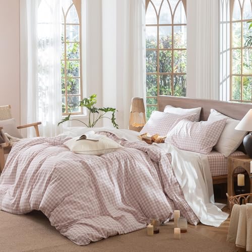Image of MooMee Gingham Duvet Cover Set 100% Washed Cotton Linen Like Textured Breathable Durable Soft Comfy Modern Checkered Design (Classic Gingham Greyish Pink, Cal King 104 inchx98 inch)