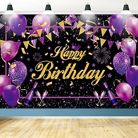 Purple Happy Birthday Backdrop, Purple Black Gold Birthday Party Decorations Large Purple Birthday Banner Photography Background Party Decoration for Women Girls Birthday Cover