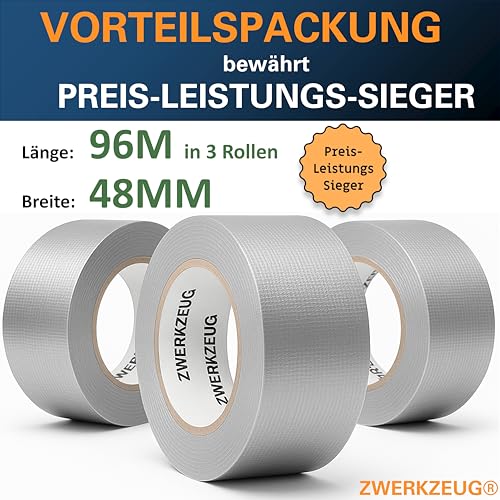 ZWERKZEUG Panzertape - 3 Rollen - Reparatur Klebeband - Gewebeband - extra stark - wasserfest - Gaffa Tape - power Duct Tape - Panzerband - in zwei Farben erhältlich - 48mm x 96m
