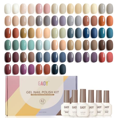 GAOY 42 Pcs Gel Nail Polish Kit, Nude Neutral Blue Burgundy Colors All Seasons Gel Nail Polish Set with Glossy & Matte Top Coat and Base Coat for Salon and DIY Manicure at Home