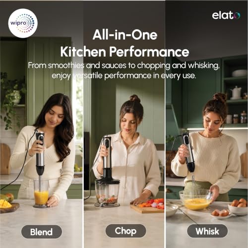 Image of Wipro Elato FMB 204 Hand Blender with Chopper and Whisk|Powerful 200 Watt Copper Motor With Rust Free Steel Arm|3 in1 Multi-functional Mode|Four In One Blade-Churn, Whip,& Blend|Black|2- Year Warranty