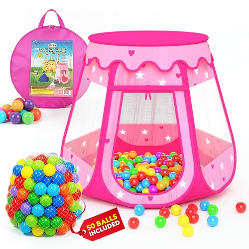 Playz Ball Pit Princess Castle Play Tent for Girls w/ 50 Balls Included - Pop Up Children Play Tent for Indoor & Outdoor Use - Playland Playhouse Tent w/ & Glow in The Dark Stars & Zipper Storage Case