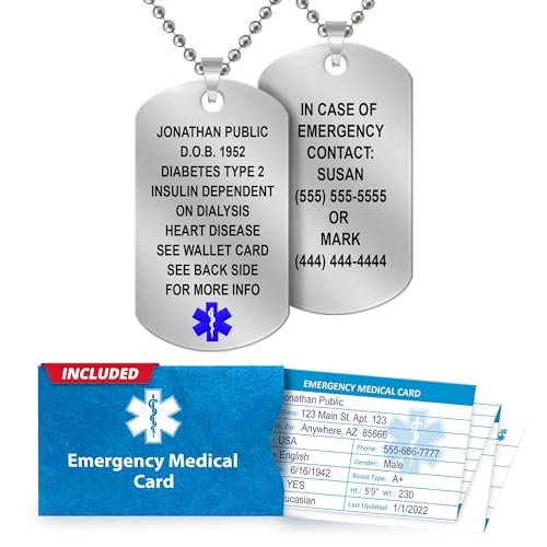 Medical Alert Necklace for Men – Customizable Stainless Steel ID Dog Tag, Laser Engraved Text - 18 Lines, 27” Beaded Chain Necklace, Medic Card & Personal Health Record Access – Blue Star of Life