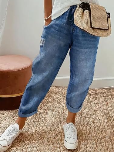 Flamingals Women's Baggy Cropped Jeans Drawstring Mid Rise Boyfriend Carrot Barrel Roll Hem Jeans2
