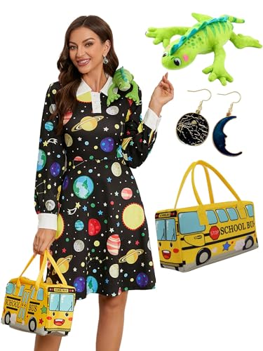 Laqeyko Women Costume Peter Pan Collar School Costume Preschool Teacher Dress Galaxy Space Planet Halloween Dress Black LA246-6-XL