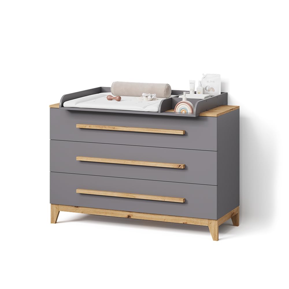 Livinity Commode à Langer Mailo, Gris/Artisan, XL avec 3 tiroirsorganisation Fonctionnelle pour Les Petits espaces
