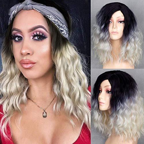 Ombre Blonde Bob Wig Wave Shoulder Length Wig Synthetic Short Curly Wigs for Women Blonde Cosplay Party Wig 1b/613 Color Wigs Heat Resistant