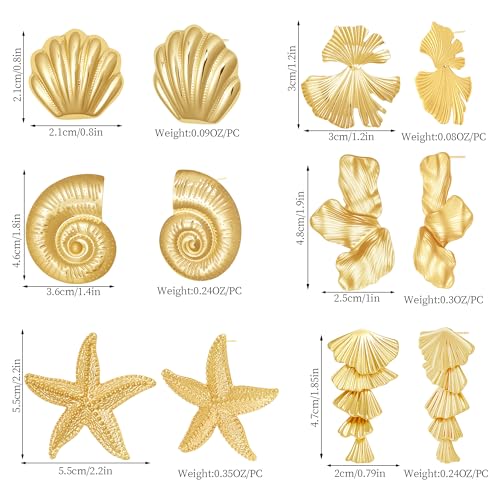 6 Pairs Gold Statement Earrings Seashell Starfish Conch Stud Ginkgo Sectored Flower Leaf Drop Earring Vintage Boho Ocean Jewelry Beach Summer Earrings for Women2