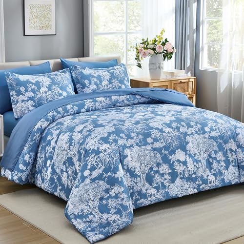Image of DJY Full Size 7 Piece Bed in a Bag-Floral Botanical Mineral Blue Comforter Set,Full Comforter with Sheets