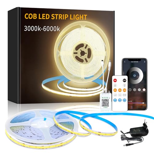 Yeewhale 20M Dimmable COB LED Strip 3000K Warmweiß 24 V Flexible COB led streifen Set,Bright Under-Unit Light for Home Party DIY Decoration，App Steuerung mit Fernbedienung