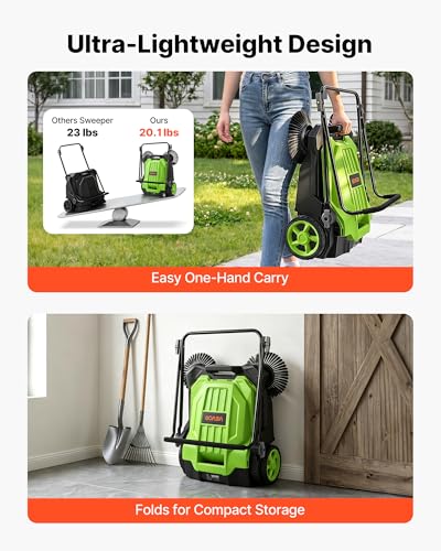 Image of VEVOR Walk-Behind Hand Push Floor Sweeper, Manual Floor Sweeper Non-Electric with 25.6 inch Sweeping Width, 5 Gallons Waste Container & Adjustable Folding Handle for Yards Walkways Patios Garages - Green
