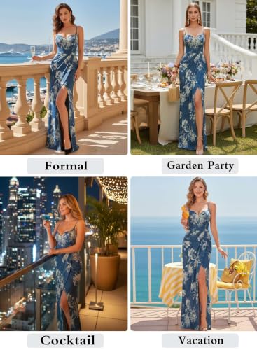 Image of VFSHOW Womens Sexy Spaghetti Strap Formal Prom Evening Gala Long Maxi Dress | Ruched Hight Slit, Sweetheart, Cocktail Wedding Guest Fitted Bodycon Gown
