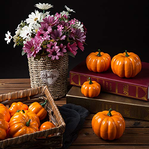 Image of Ogrmar 12 Pack Artificial Assorted Pumpkins, Mini Fake Pumpkins | Orange Pumpkin Decor Mini Halloween Pumpkins Foam Pumpkin Artificial Vegetable for Halloween Harvest Thanksgiving Party Decor